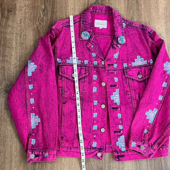 Vintage Sundance Denim Wear Jean Jacket Hand painted Southwestern Pink 80s 90s - Picture 8 of 12